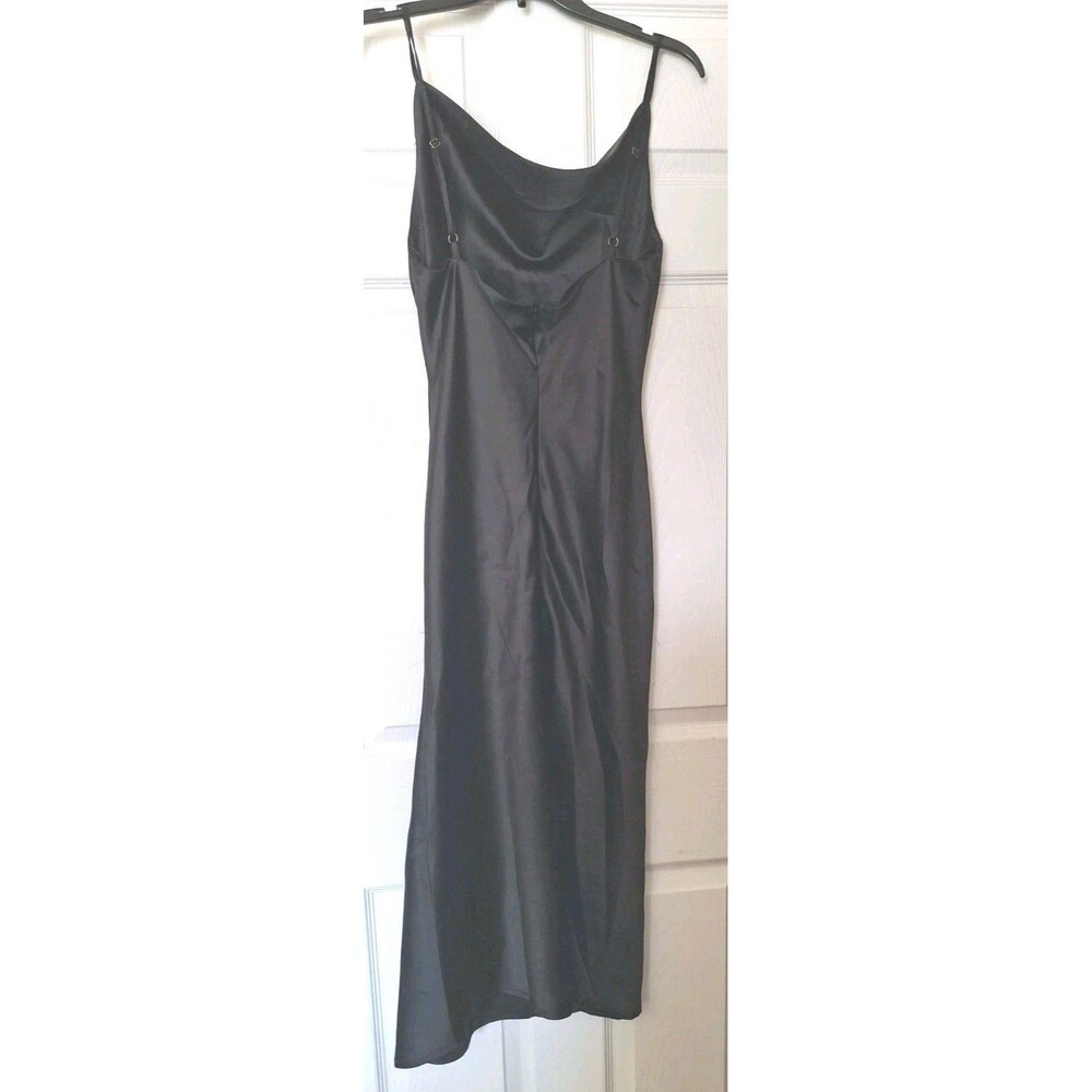 Womens Satin Midi Slip Dress Large Black Drape Neck Slit Whimsygoth Y2K bigHit - Picture 2 of 6